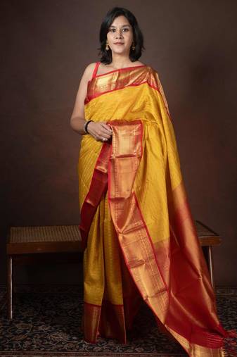 Yellow and red kanchipuram silk pattu saree