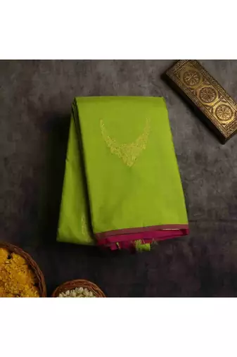 Parrot green silk saree with pink blouse