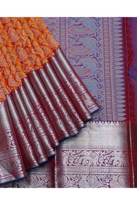 Orange brocade silk saree 4