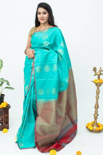 Borderless sky blue silk saree