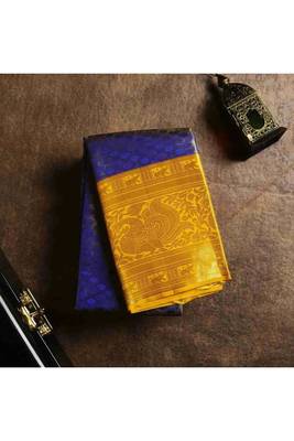 Golden blue brocade silk saree with silk mark certified 1