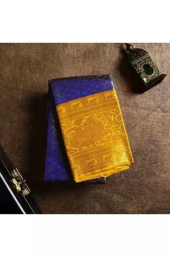 Golden blue brocade silk saree