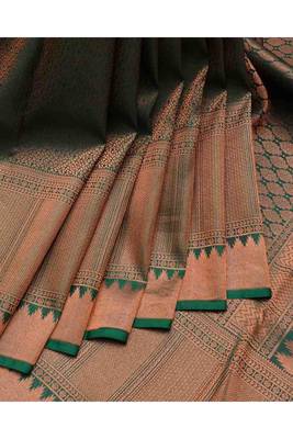 Green and pink brocade silk saree 1