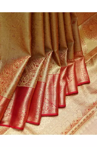 Red tissue kanjivaram silk saree with golden border