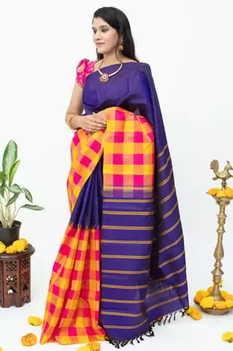 Blue silk saree without zari