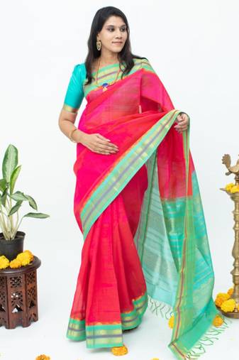 Pink and blue combination silk saree