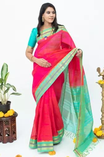 Pink and blue combination silk saree