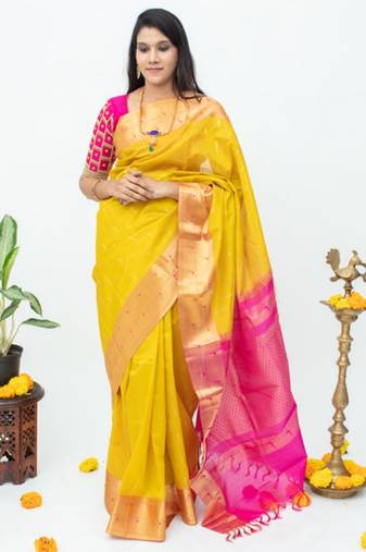 Yellow silk kanchipuram cotton saree