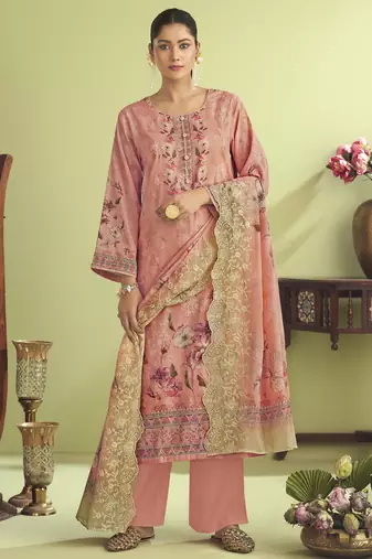 Stylee lifestyle peach muslin embroidered dress material