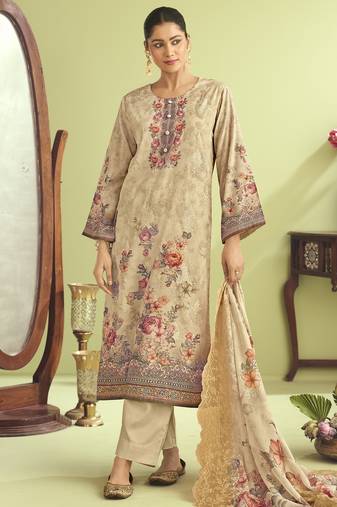 Stylee lifestyle beige muslin embroidered dress material