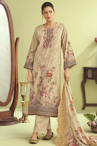 Stylee lifestyle beige muslin embroidered dress material