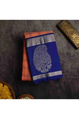 Peach with royal blue border silk saree 1