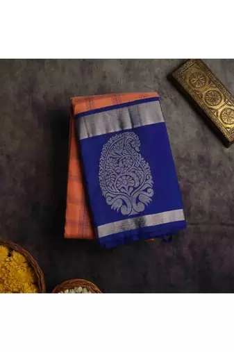 Peach with royal blue border silk saree