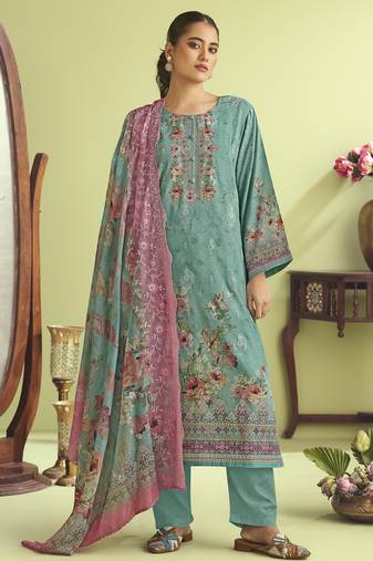 Stylee lifestyle teal muslin embroidered dress material