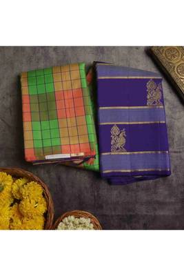 Multicolour check saree with rich blue border 1