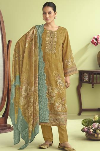 Stylee lifestyle mustard muslin embroidered dress material