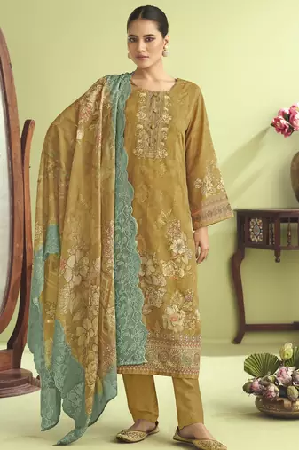 Stylee lifestyle mustard muslin embroidered dress material
