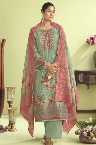 Stylee lifestyle green muslin embroidered dress material