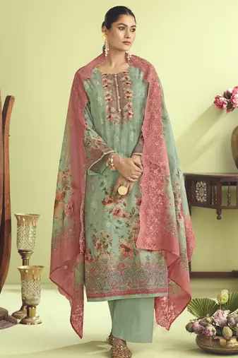 Stylee lifestyle green muslin embroidered dress material