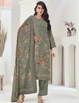 olive muslin embroidered dress material 1