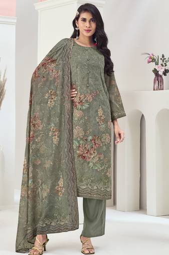 Stylee lifestyle olive muslin embroidered dress material
