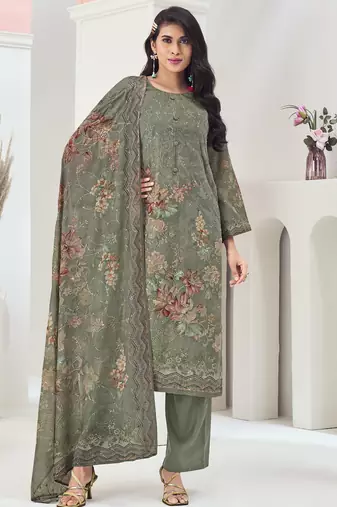 Stylee lifestyle olive muslin embroidered dress material