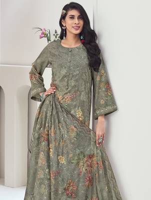 olive muslin embroidered dress material 2