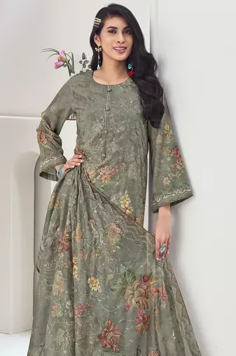olive muslin embroidered dress material