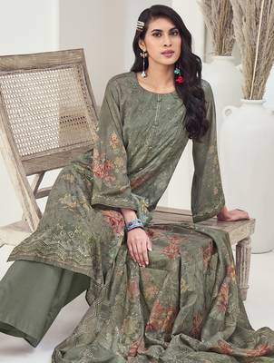 olive muslin embroidered dress material 3