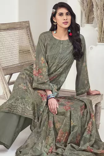 olive muslin embroidered dress material