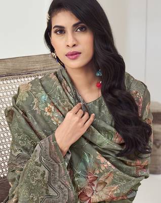 olive muslin embroidered dress material 4