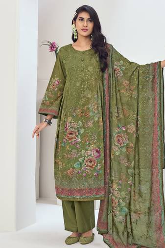 Stylee lifestyle green muslin embroidered dress material