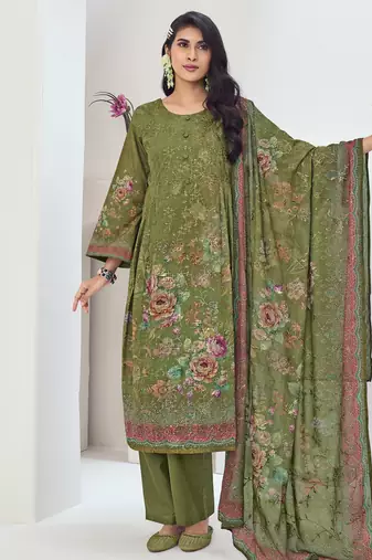 Stylee lifestyle green muslin embroidered dress material