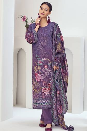 Stylee lifestyle purple muslin embroidered dress material