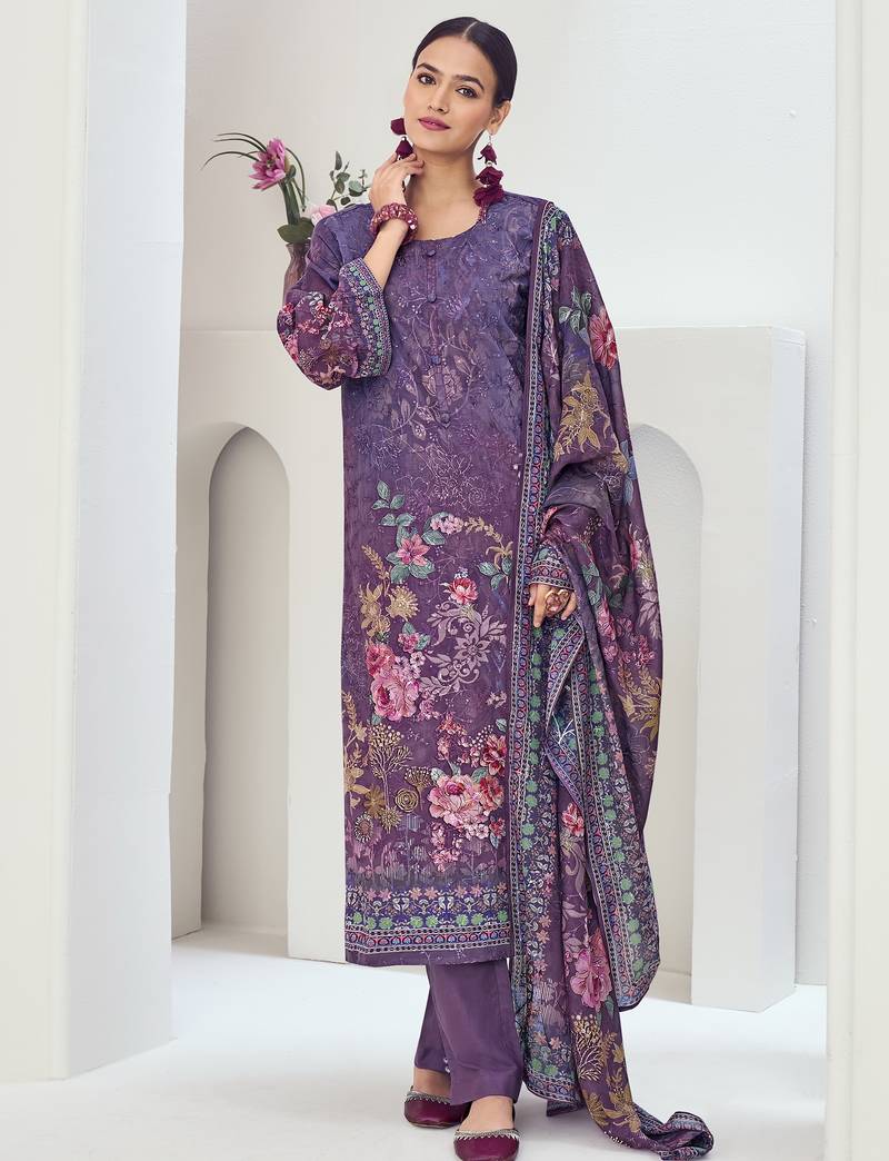 Stylee lifestyle purple muslin embroidered dress material