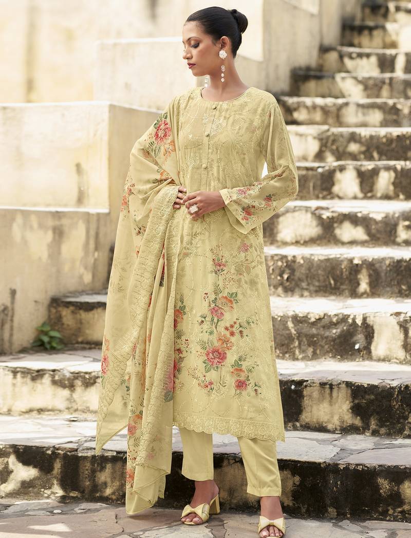 Stylee lifestyle cream organza embroidered dress material