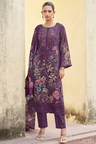 Stylee lifestyle purple organza embroidered dress material