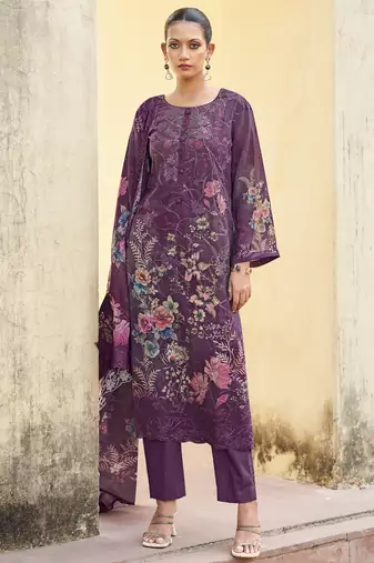 Stylee lifestyle purple organza embroidered dress material