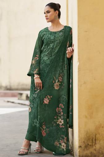 Stylee lifestyle green organza embroidered dress material