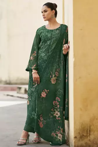Stylee lifestyle green organza embroidered dress material