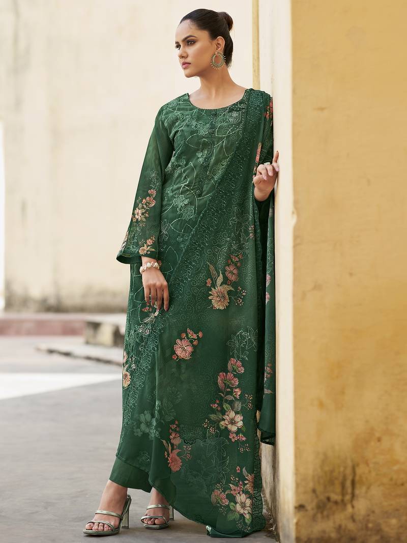Stylee lifestyle green organza embroidered dress material
