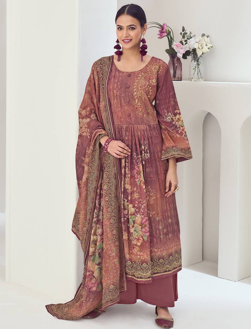 Stylee lifestyle rust muslin embroidered dress material