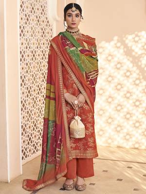 rust dola silk jacquard embroidered dress material 1