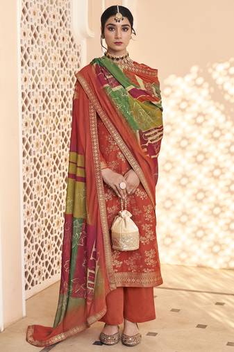 Stylee lifestyle rust dola silk jacquard embroidered dress material