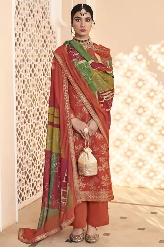 Stylee lifestyle rust dola silk jacquard embroidered dress material