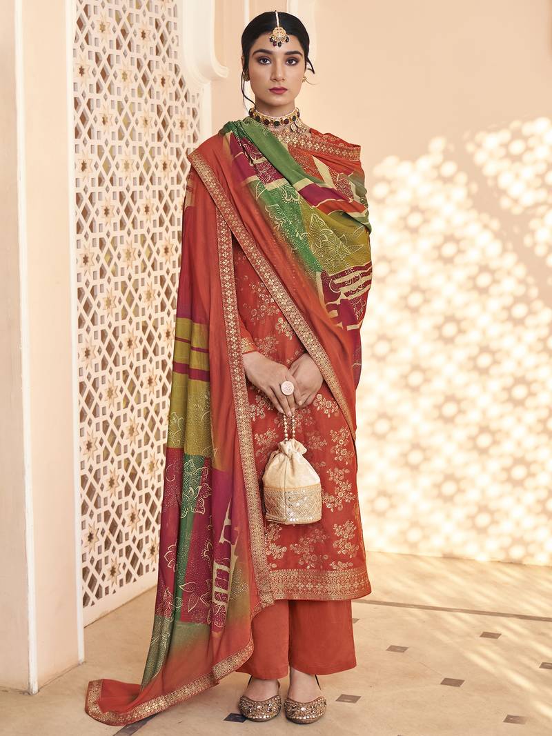 Stylee lifestyle rust dola silk jacquard embroidered dress material