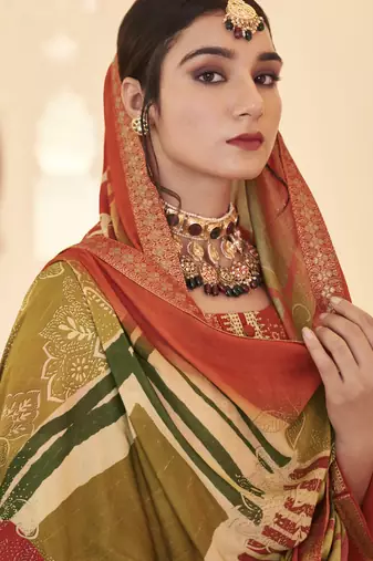 rust dola silk jacquard embroidered dress material