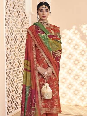 rust dola silk jacquard embroidered dress material 3