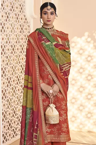 rust dola silk jacquard embroidered dress material