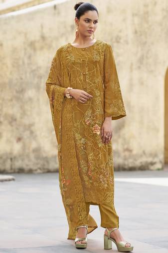 Stylee lifestyle mustard organza embroidered dress material